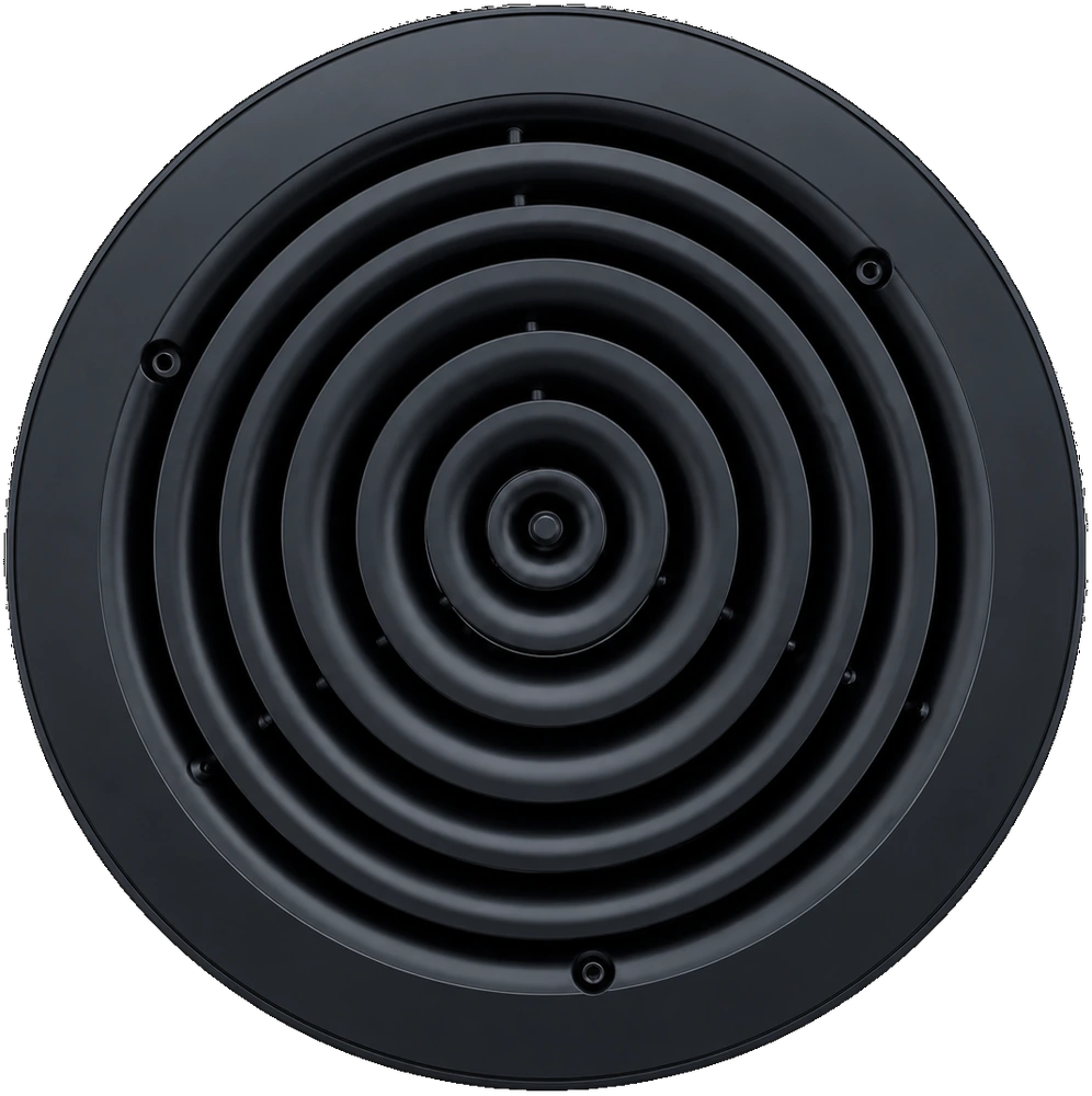Matte black round ceiling diffuser with concentric stepped rings from the Handua catalog