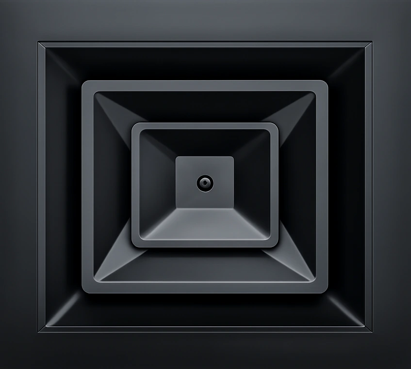 Matte black square ceiling air diffuser with stepped four-way cone from the Handua catalog